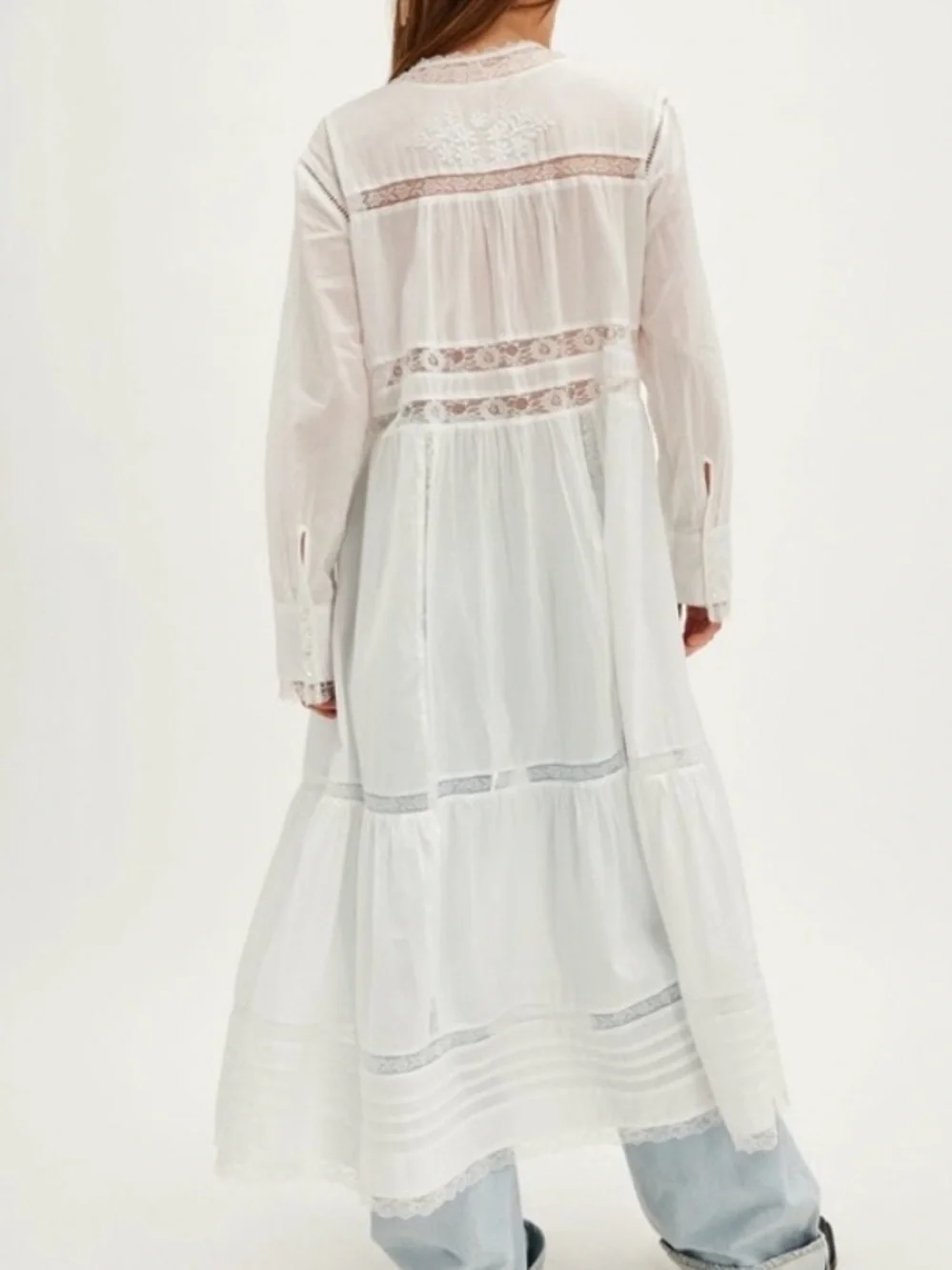 Free People Keepsake Maxi Top White Lace Inset Embroidered Cotton Small